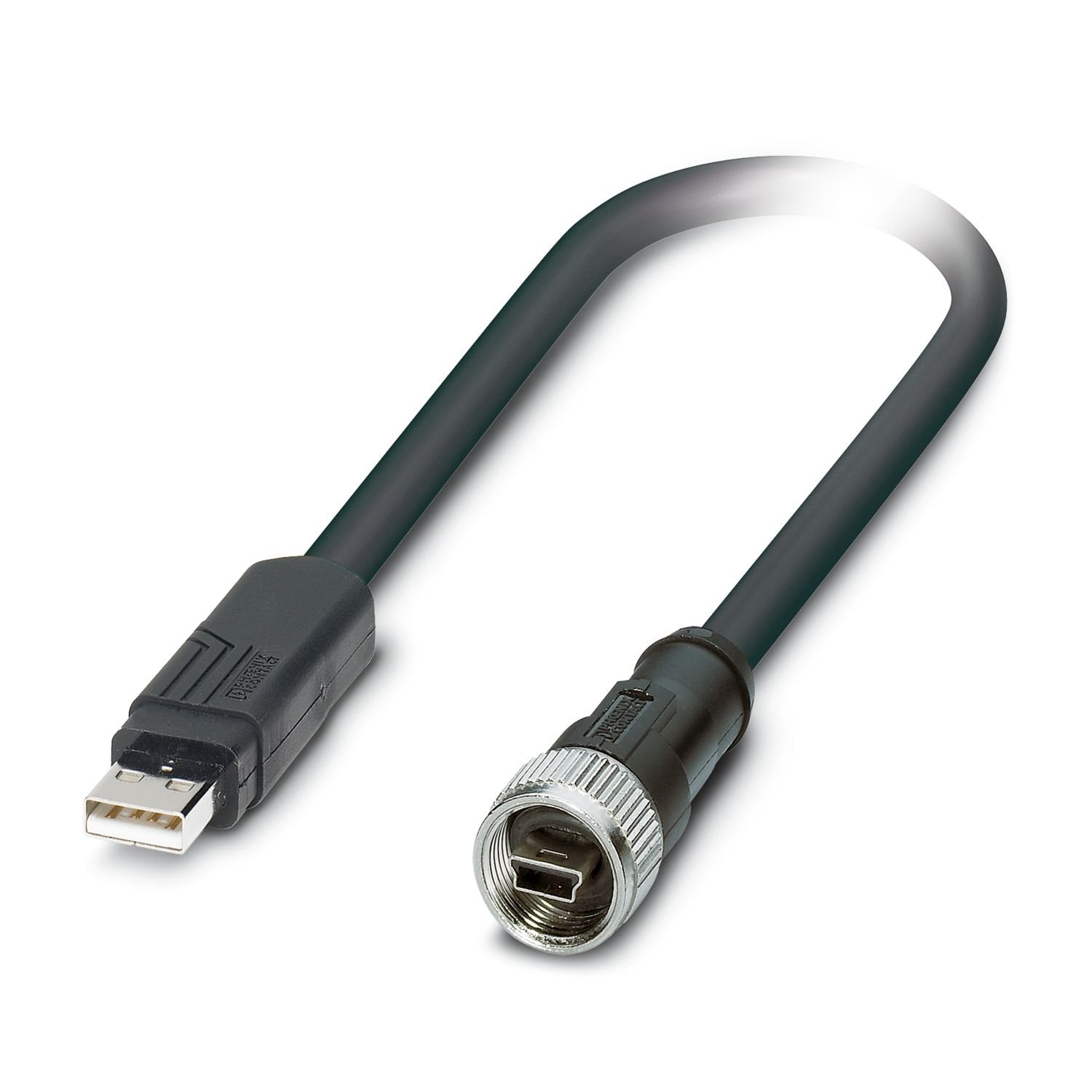 Assembled USB cable, shielded, color: black, PVC outer sheath, USB mini-B/IP20 on USB type A/IP20, length: 1 m