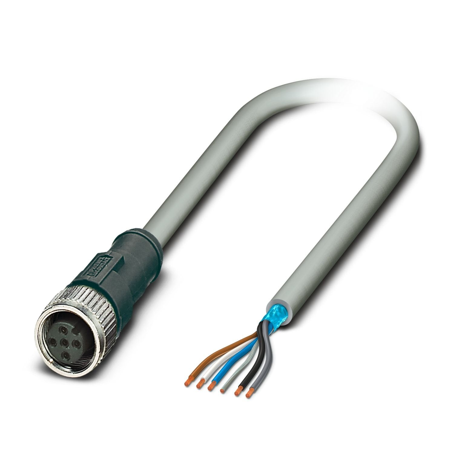 Sensor/actuator cable, 5-position, PVC, gray, shielded, free cable end, on Socket straight M12, coding: A, cable length: 5 m, Foil shielding plus drain wire