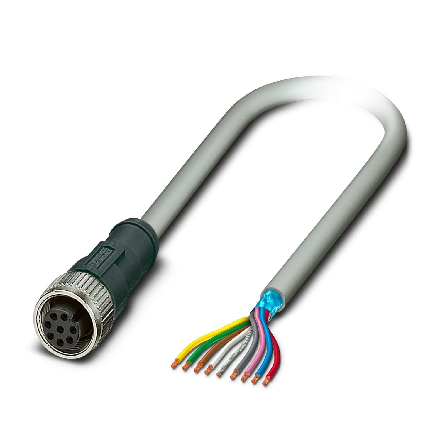 Sensor/actuator cable, 8-position, PVC, gray, shielded, free cable end, on Socket straight M12, coding: A, cable length: 5 m, Foil shielding plus drain wire