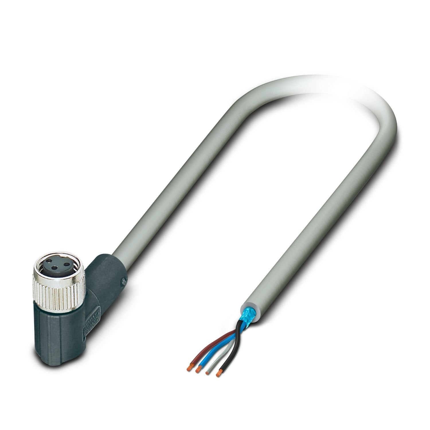 Sensor/actuator cable, 3-position, PVC, gray, shielded, free cable end, on Socket angled M8, coding: A, cable length: 10 m, Foil shielding plus drain wire
