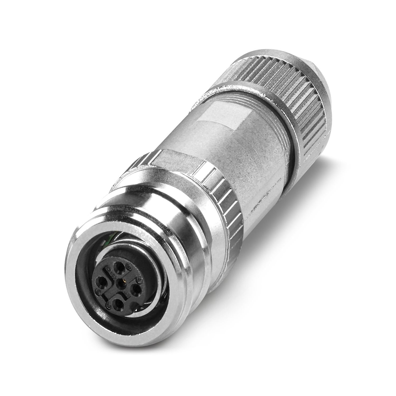 Connector, Universal, 4-position, shielded, Socket straight M12 Push-Pull, coding: A, Push-lock spring connection, knurl material: Zinc die-cast, nickel-plated, external cable diameter 4 mm ... 8 mm