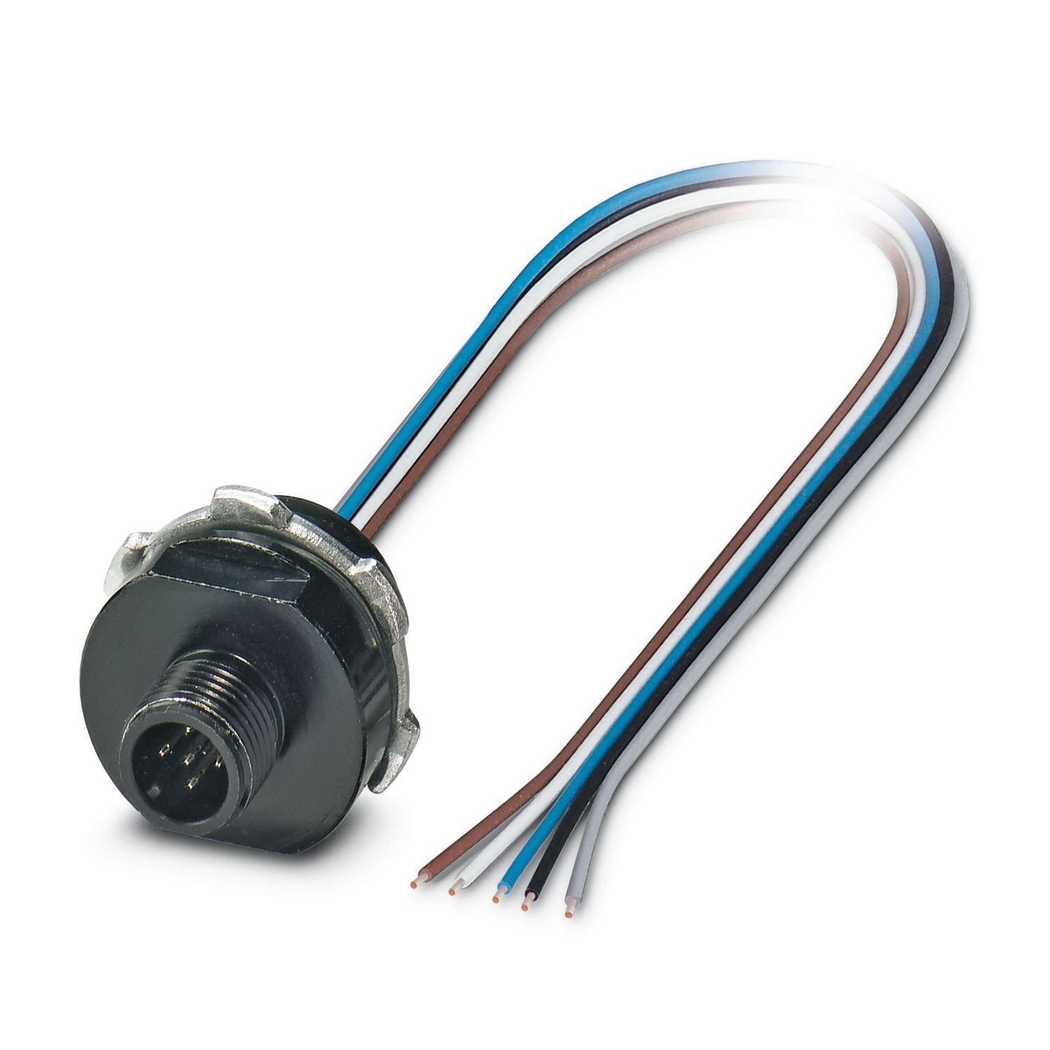 Panel feed-through, 5-position/PVC, Plug, straight, M12, A-coding, on free cable end, Individual wires, cable length: 1 m, 0.34 mm 2 , PVC litz wire