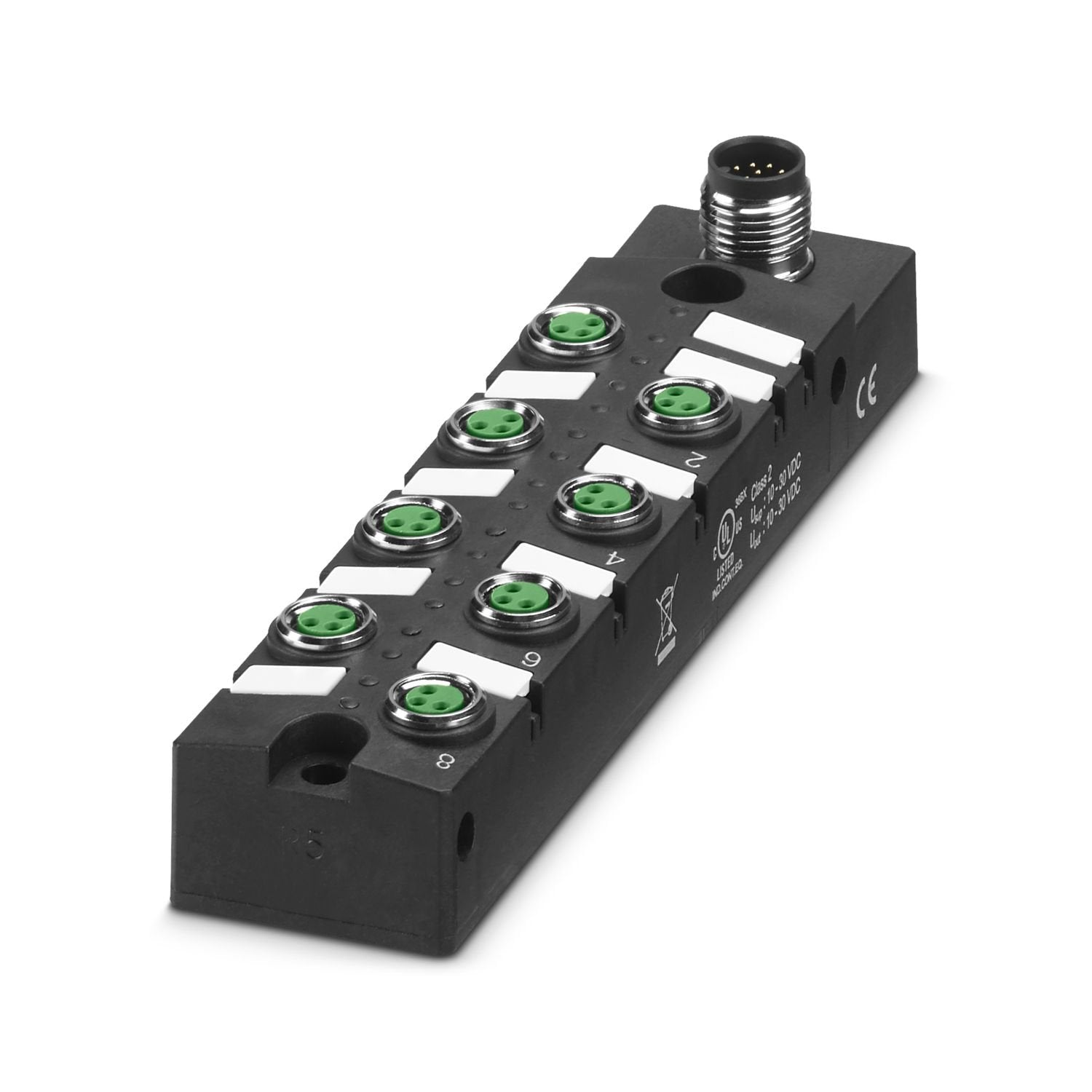 Distributor box, application: Standard, connection method: M8 socket Metal, number of slots: 8, number of positions: 3, coding: A, slot assignment: single, status display: yes, PNP; master cable connection: M12 plug connection 90°, shielding: no