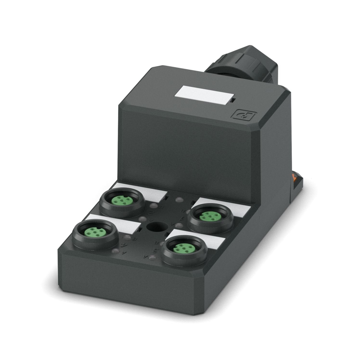 Distributor box, application: Standard, connection method: M12 PUSH-PULL female connector / M12 socket, number of slots: 4, number of positions: 5, coding: A, slot assignment: Double, status display: yes, PNP; master cable connection: Push-in connection 180°, shielding: no