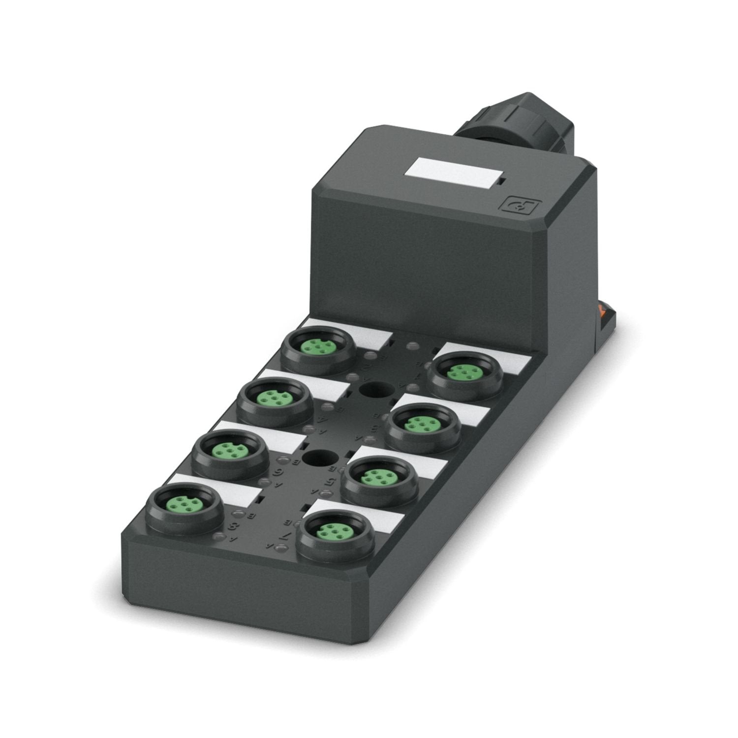 Distributor box, application: Standard, connection method: M12 PUSH-PULL female connector / M12 socket, number of slots: 8, number of positions: 5, coding: A, slot assignment: Double, status display: yes, PNP; master cable connection: plug-in push-in spring connection 180°, shielding: no