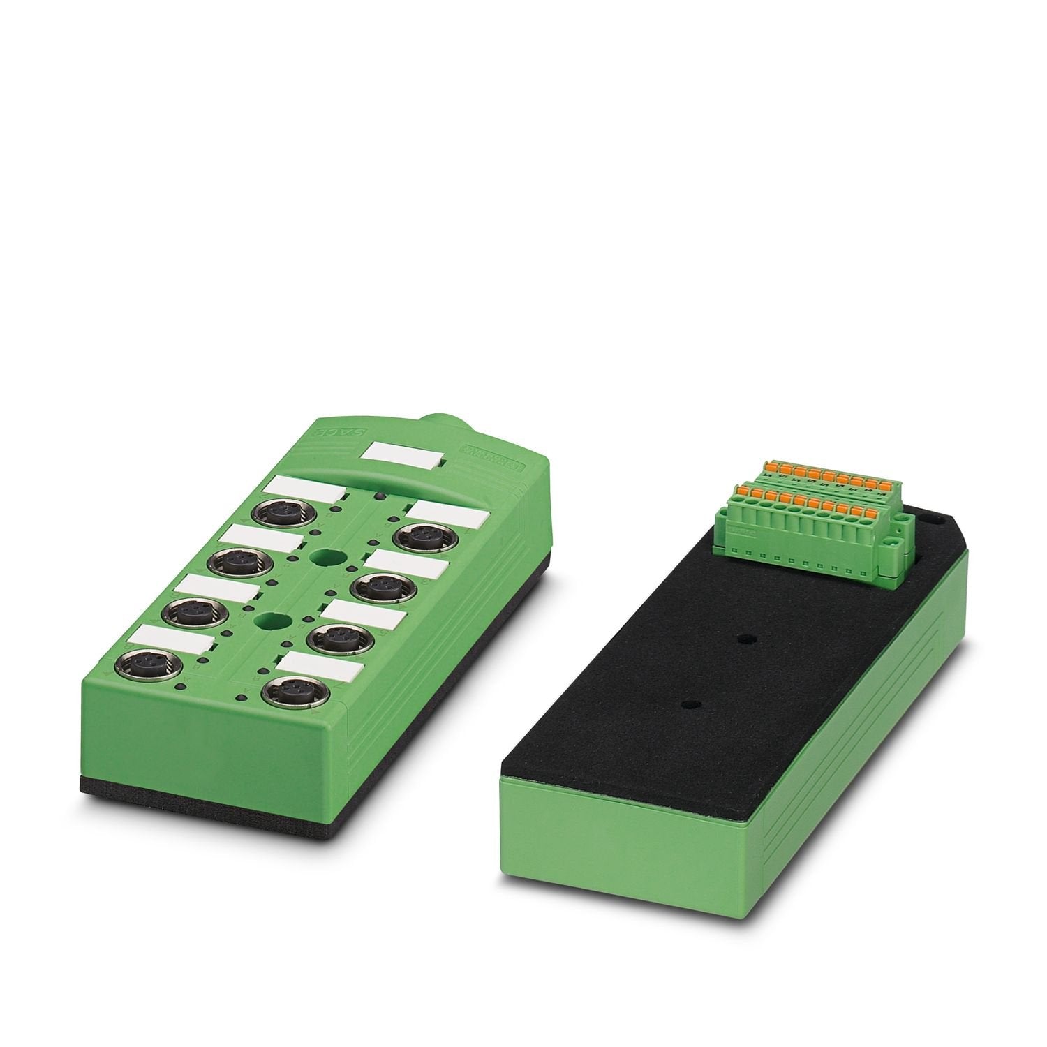 Distributor box, application: Standard, extended requirements, connection method: M12 socket Metal, number of slots: 8, number of positions: 5, coding: A, slot assignment: Double, status display: yes, PNP; master cable connection: Rear plug-in spring connection 270°, shielding: no