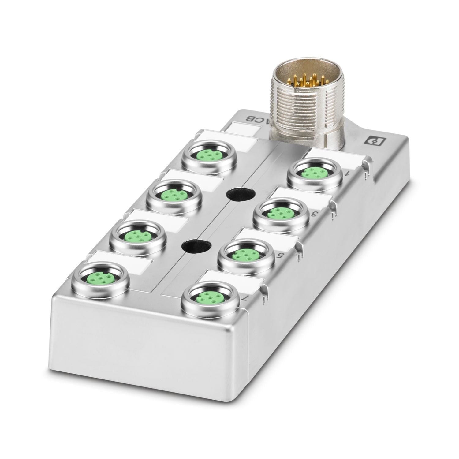 Distributor box, application: Standard, extended requirements, connection method: M12 socket Metal / M12 PUSH-PULL female connector, number of slots: 8, number of positions: 5, coding: A, slot assignment: Double, status display: no, Universal; master cable connection: M23 plug connection 180°, shielding: yes
