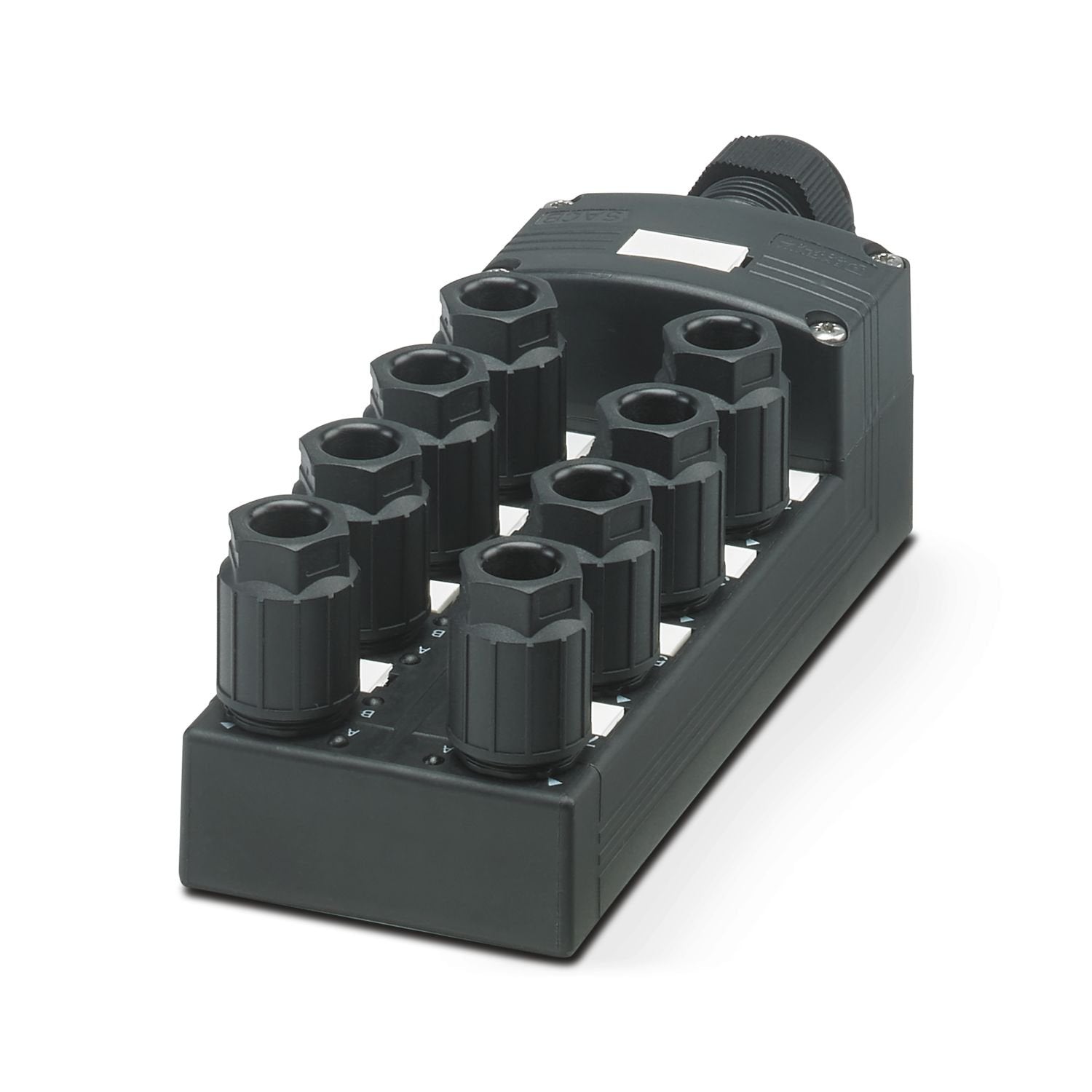 Distributor box, connection method: QUICKON, 0.14 mm 2 ... 0.5 mm 2 , number of slots: 8, number of positions: 5, slot assignment: Double, status display: yes, PNP; master cable connection: Pluggable screw connection 180°, shielding: no, When connecting 5 conductors, max. 0.5 mm 2 can be connected