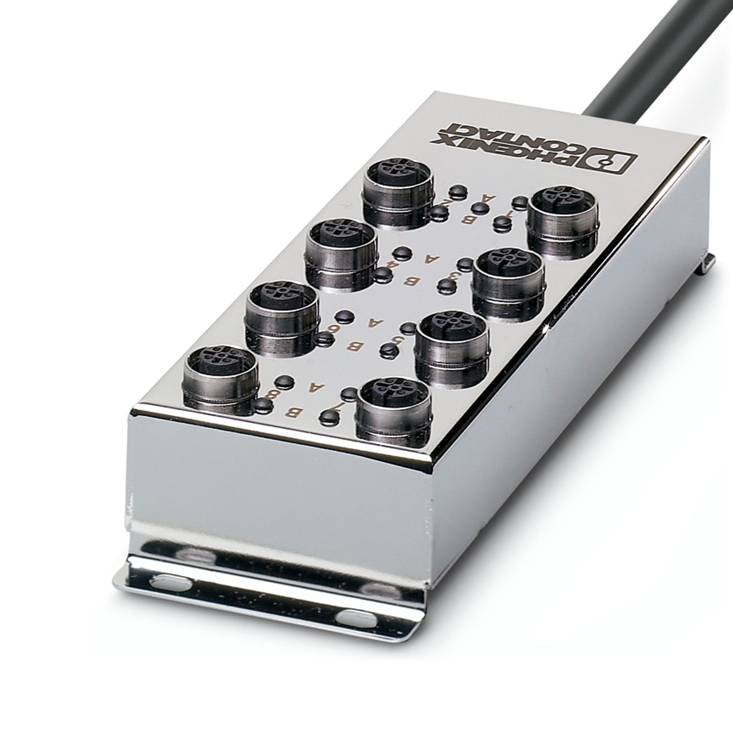 Distributor box, application: Food processing industry, connection method: M12 socket Stainless steel, number of slots: 8, number of positions: 5, coding: A, slot assignment: Double, status display: yes, PNP; master cable connection: Fixed connection 180°, PVC, cable length: 5 m, shielding: no