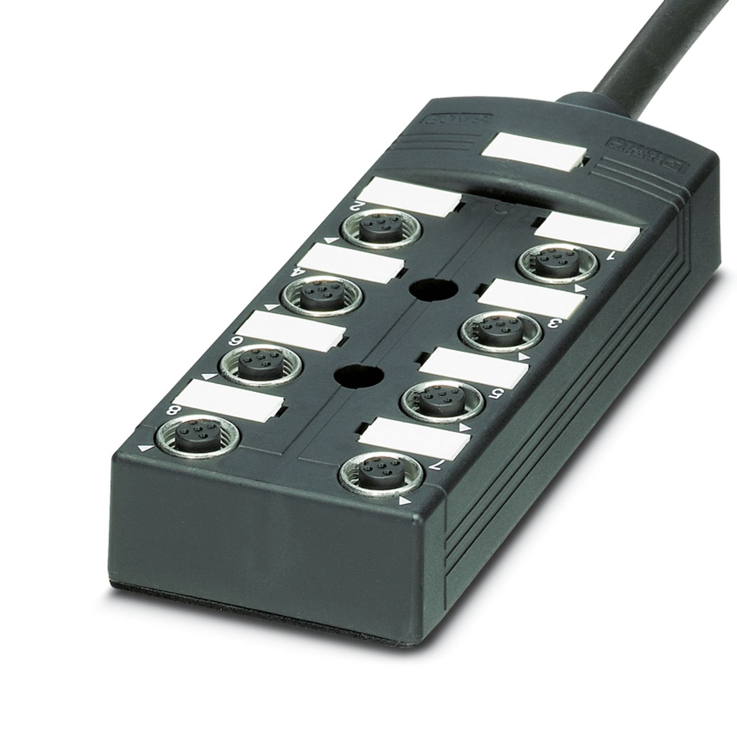 Distributor box, application: External areas, connection method: M12 socket Metal, number of slots: 8, number of positions: 5, coding: A, slot assignment: Double, status display: no, Universal; master cable connection: Fixed connection 180°, PUR/PVC, cable length: 5 m, shielding: no