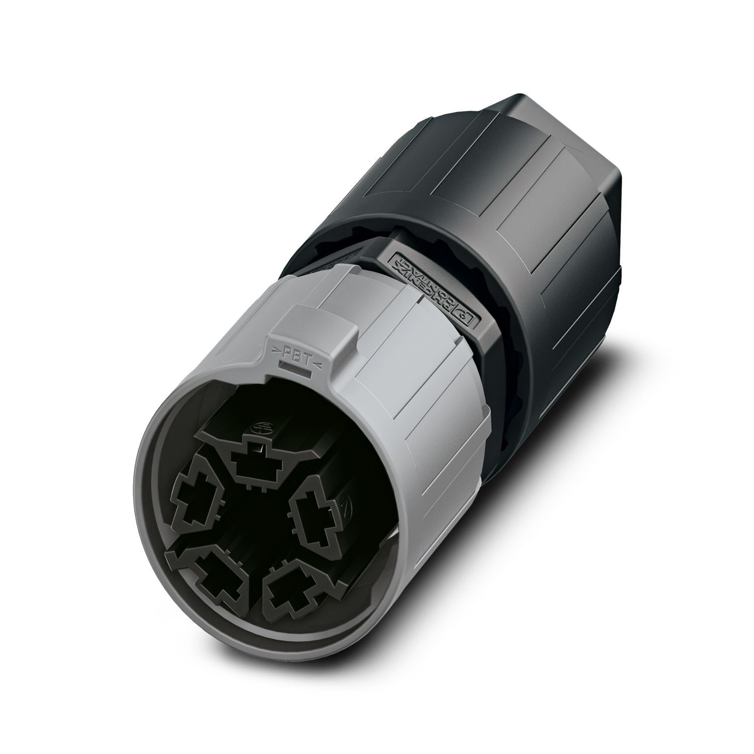 Connector, connection method: IDC connection, number of positions: 4+PE, 1 mm 2 ... 2.5 mm 2 , 690 V, 20 A, PA, black, with QUICKON nut, external cable diameter: 9 mm ... 16 mm