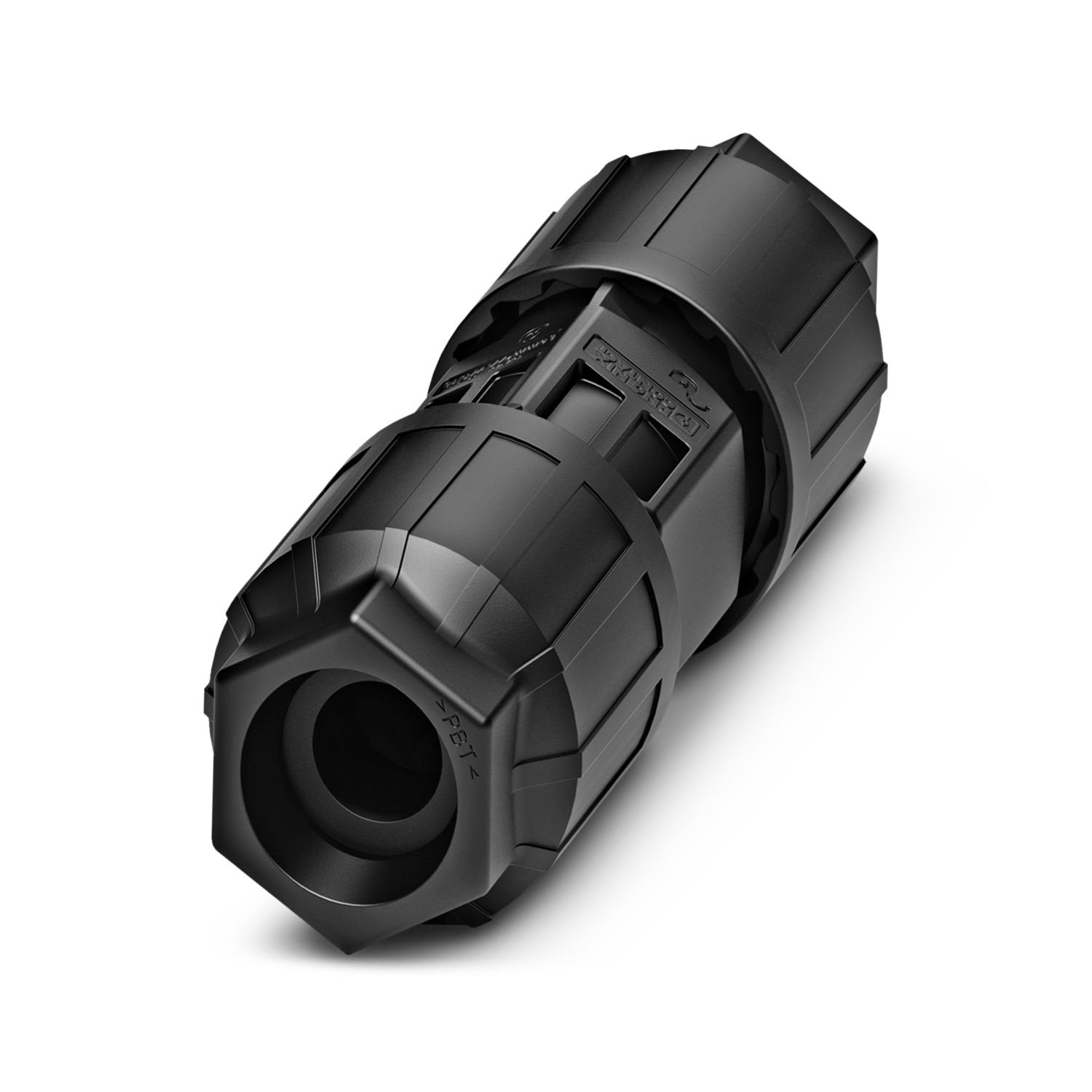 Conductor connector, connection method: IDC connection, number of positions: 4+PE, 0.5 mm 2 ... 1.5 mm 2 , 690 V, 17.5 A, PA, black, With two QUICKON nuts, coding: Coding profile, external cable diameter: 10 mm ... 14 mm