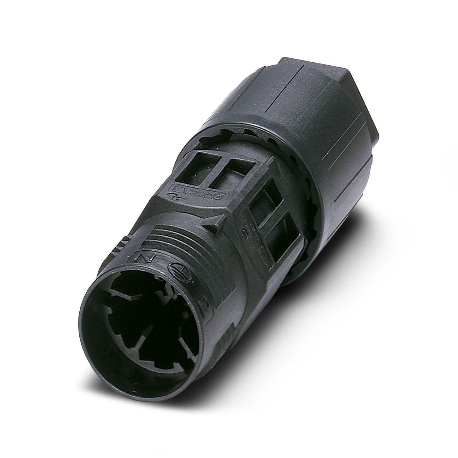 QUICKON cable connector, black, 4+PE-pos., 1.0 mm 2 ... 2.5 mm 2 / 690 V / 20 A, for 9 mm ... 16 mm cable diameter.
