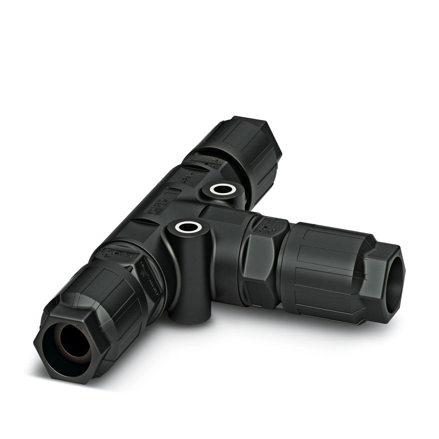 T distributor, connection method: IDC connection, number of positions: 3+PE, 1 mm 2 ... 2.5 mm 2 , 690 V, 20 A, PA, black, With three QUICKON nuts, coding: Coding profile, external cable diameter: 9 mm ... 14 mm