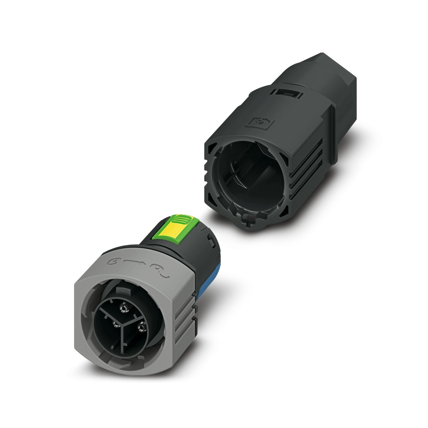 Connector, connection method: Push-lock connection, number of positions: 2+PE, Pin, 0.5 mm 2 ... 2.5 mm 2 , 500 V, 20 A, PA, black, coding: P, external cable diameter: 6 mm ... 9 mm and 8 mm ... 13 mm
