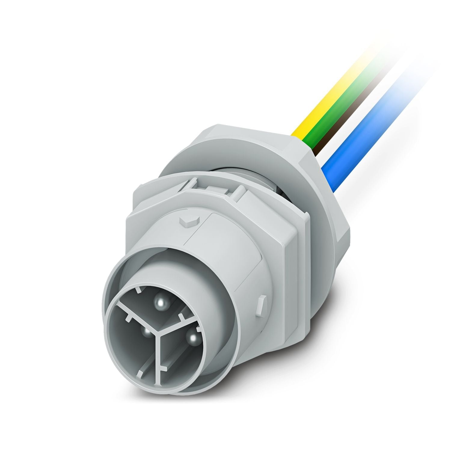 Panel feed-through, for connectors, connection method: Single wires, number of positions: 2+PE, M20, Pin, 450 V, 20 A, PA, gray, coding: P, 2.5 mm 2 , cable length: 0.5 m