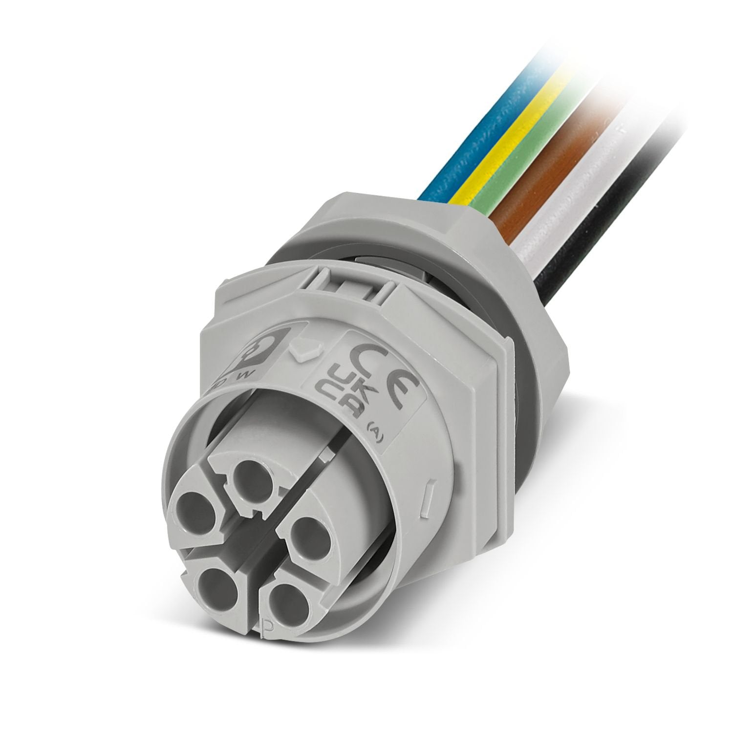 Panel feed-through, for connectors, connection method: Single wires, number of positions: 4+PE, M25, Socket, 450 V, 17.5 A, PA, gray, coding: P, 2.5 mm 2 , cable length: 0.5 m