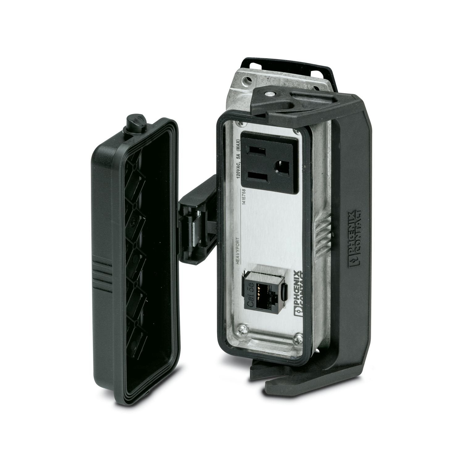 HEAVYPORT B24 panel mounting base, with single locking latch, with plastic protective cover, with stainless steel front plate connections, 1x RJ45 CAT5e (female/female) 1x 120 V AC outlet