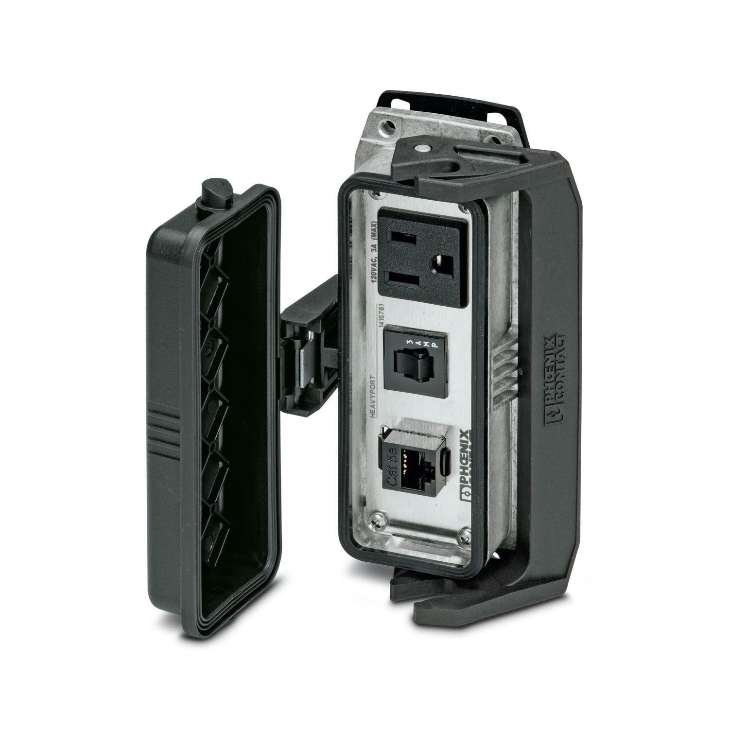 HEAVYPORT B24 panel mounting base, with single locking latch, with plastic protective cover, with stainless steel front plate connections, 1x RJ45 CAT5e (female/female), 1x 120 V AC outlet, 1x 3 A circuit breaker