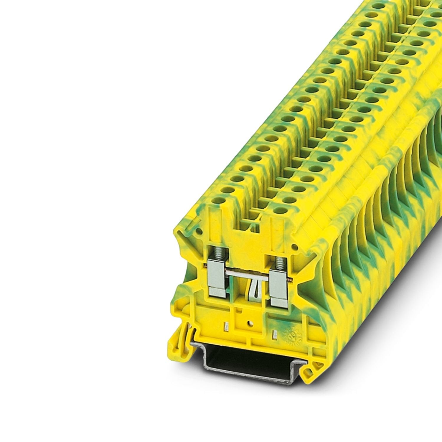 Protective conductor terminal block, number of connections: 2, connection method: Screw connection, cross section: 0.14 mm 2 - 6 mm 2 , mounting type: NS 35/7,5, NS 35/15, color: green-yellow