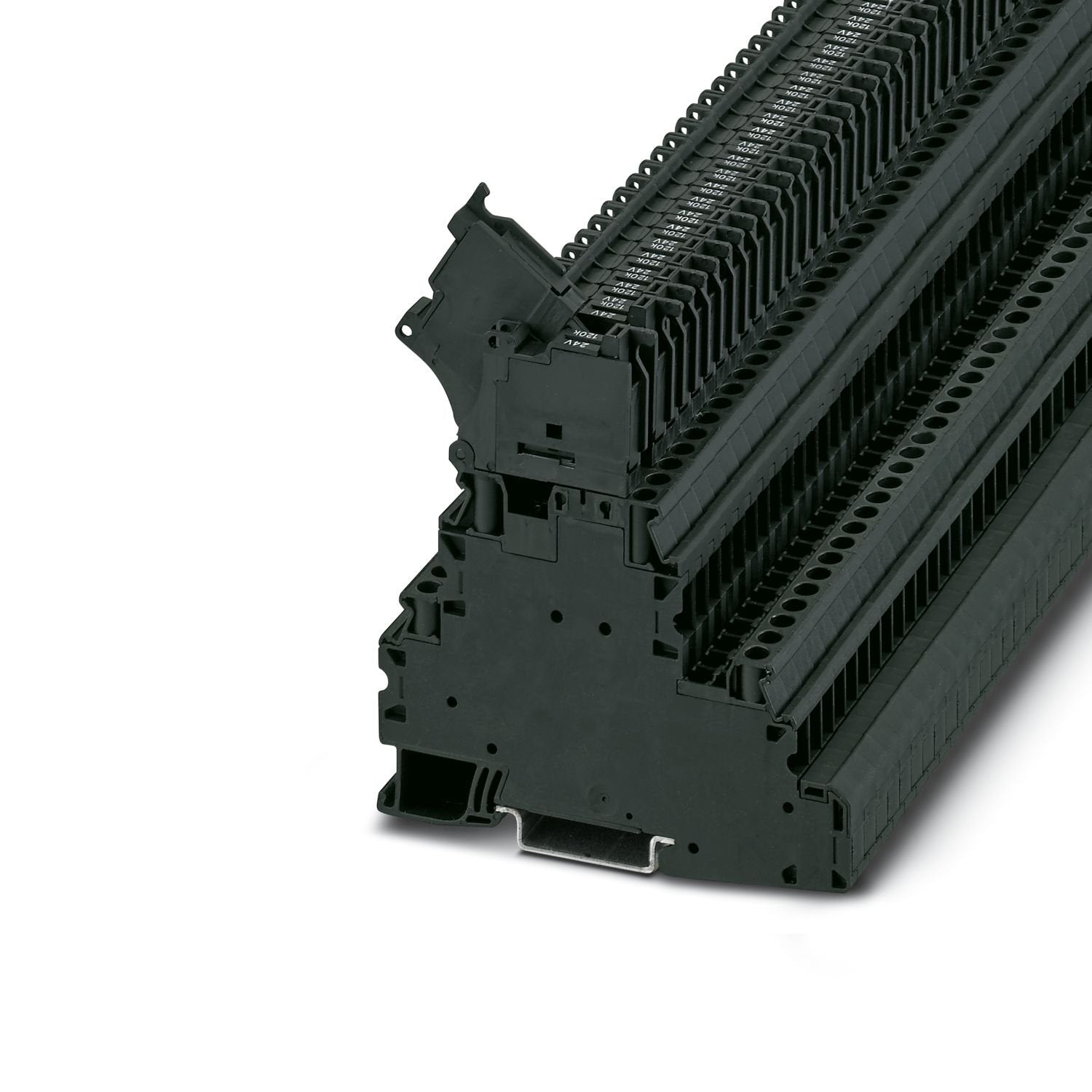 Fuse modular terminal block, fuse type: Glass / ceramics / ..., fuse type: G / 5 x 20, nom. voltage: 24 V, Thermal continuous current I th : 28 A, connection method: Screw connection, Rated cross section: 4 mm 2 , cross section: 0.14 mm 2 - 6 mm 2 , connection method: Screw connection, Rated cross section: 4 mm 2 , cross section: 0.14 mm 2 - 6 mm 2 , mounting type: NS 35/7,5, NS 35/15, color: black