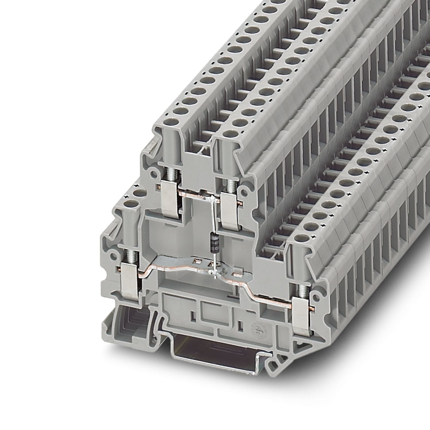 Component terminal block, The max. current is determined by the diode. Installed: Diode 1N 4007, reverse voltage: 1300 V, maximum continuous current: 0.5 A., with integrated diode, nominal current: 0.5 A, connection method: Screw connection, 1st and 2nd level, Rated cross section: 2.5 mm 2 , cross section: 0.14 mm 2 - 4 mm 2 , mounting type: NS 35/7,5, NS 35/15, color: gray