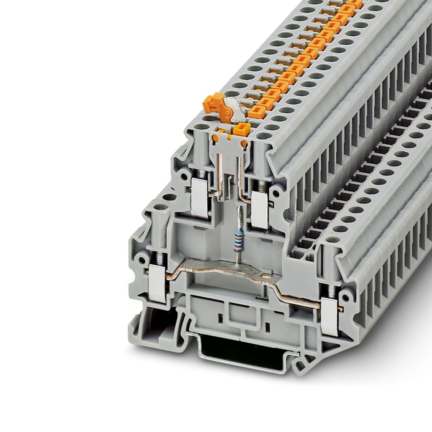 Knife-disconnect terminal block, With test socket screws for insertion of test plugs, nom. voltage: 24 V, nominal current: 30 A, connection method: Screw connection, Rated cross section: 4 mm 2 , cross section: 0.14 mm 2 - 6 mm 2 , connection method: Screw connection, Rated cross section: 4 mm 2 , cross section: 0.14 mm 2 - 6 mm 2 , mounting: NS 35/7,5, NS 35/15, color: gray