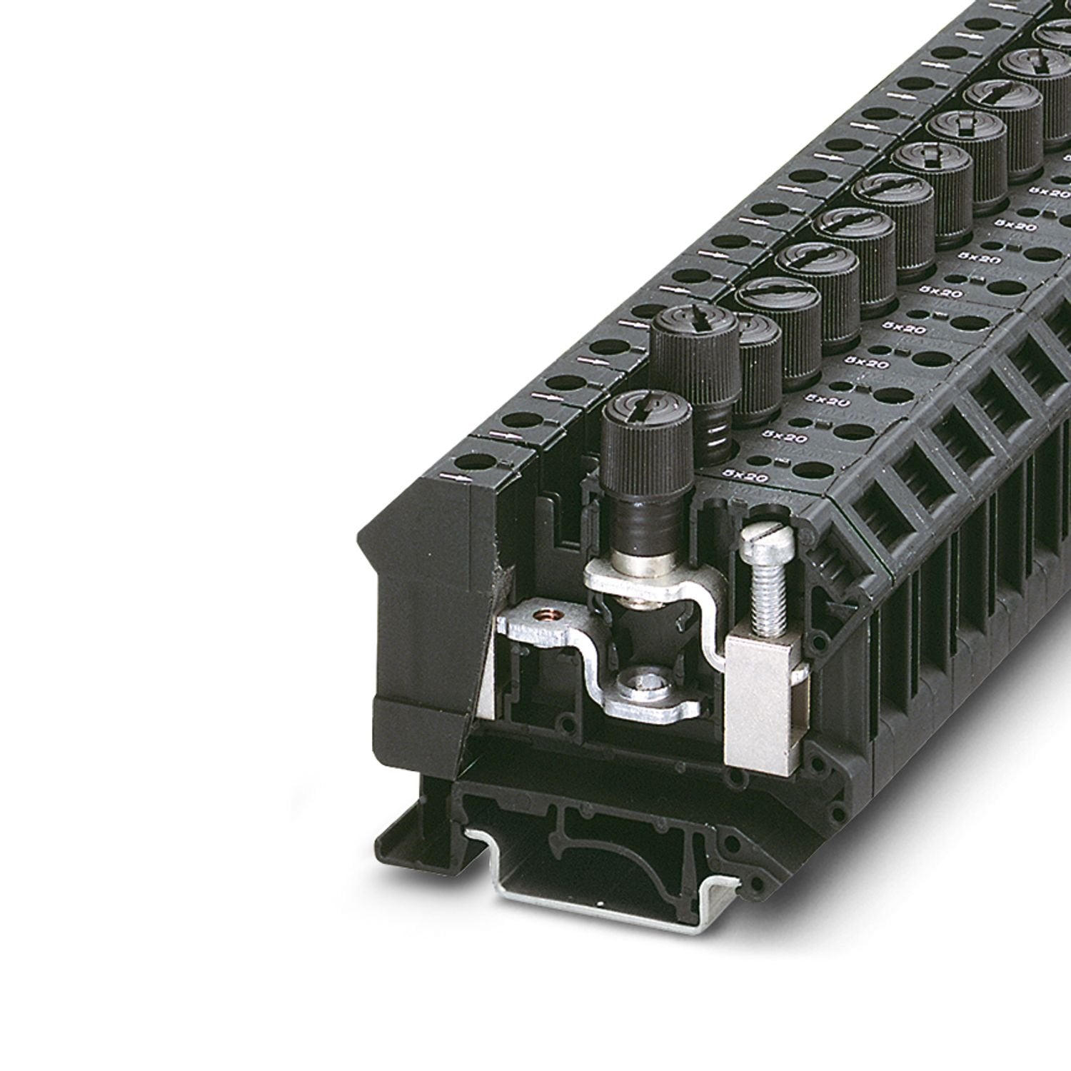 Fuse modular terminal block, fuse type: Glass / ceramics / ..., fuse type: G / 6,3 x 32, nom. voltage: 400 V, nominal current: 10 A, connection method: Screw connection, Rated cross section: 1.5 mm 2 , cross section: 0.5 mm 2 - 16 mm 2 , mounting type: NS 35/7,5, NS 35/15, NS 32, color: black