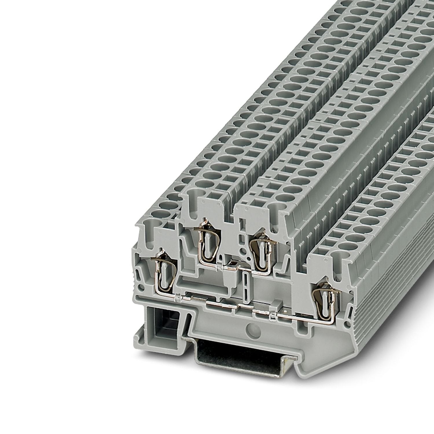Double-level spring-cage terminal block, nom. voltage: 500 V, nominal current: 22 A, connection method: Spring-cage connection, Rated cross section: 2.5 mm 2 , cross section: 0.08 mm 2 - 4 mm 2 , mounting type: NS 35/7,5, NS 35/15, color: gray