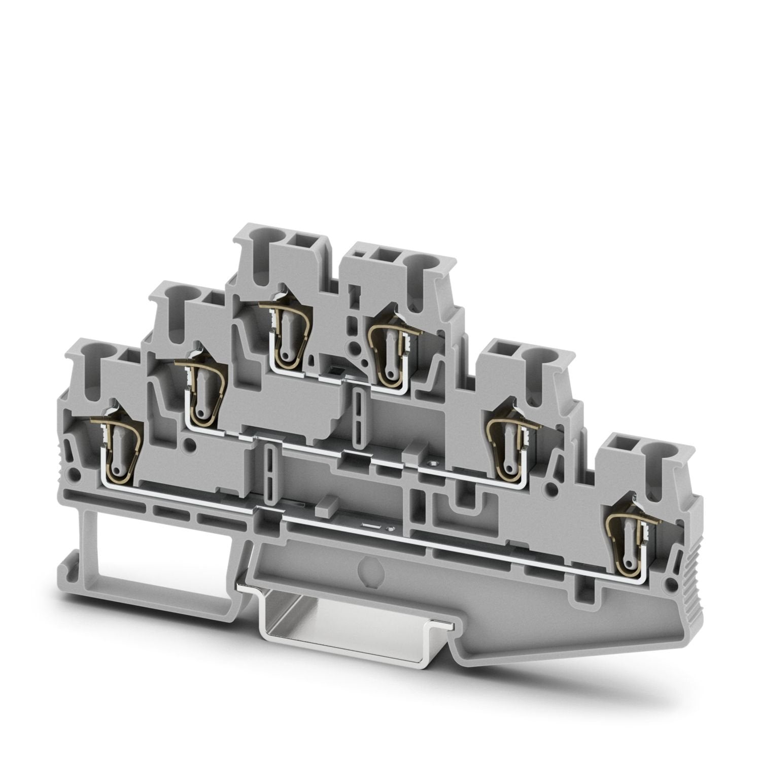 Multi-level terminal block, nom. voltage: 500 V, nominal current: 20 A, number of connections: 6, connection method: Spring-cage connection, Rated cross section: 2.5 mm 2 , 1st, 2nd and 3rd level, cross section: 0.08 mm 2 - 4 mm 2 , mounting type: NS 35/7,5, NS 35/15, color: gray