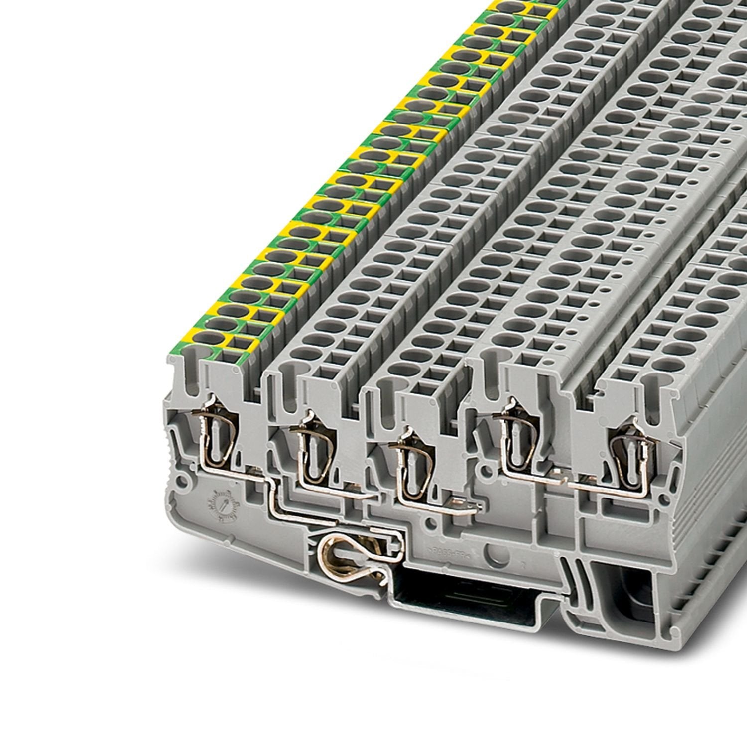 Installation protective conductor terminal block, nom. voltage: 250 V, nominal current: 18 A, number of connections: 5, connection method: Spring-cage connection, Rated cross section: 2.5 mm 2 , cross section: 0.08 mm 2 - 4 mm 2 , mounting type: NS 35/7,5, NS 35/15, color: gray