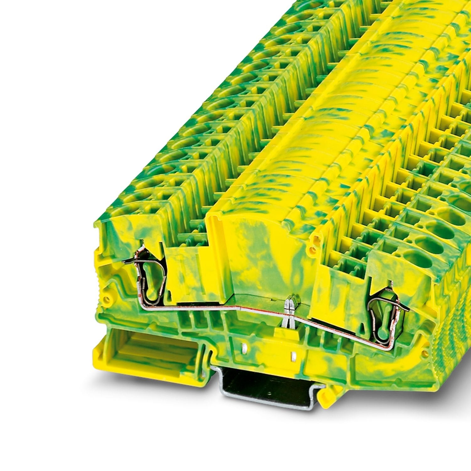 Protective conductor terminal block, number of connections: 2, connection method: Spring-cage connection, cross section: 0.2 mm 2 - 10 mm 2 , mounting type: NS 35/7,5, NS 35/15, color: green-yellow