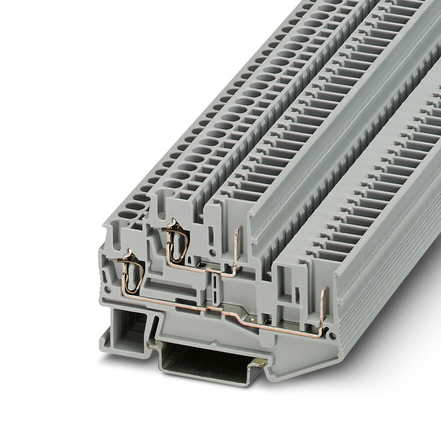 Double-level terminal block, Current and voltage are determined by the plug used., nom. voltage: 500 V, nominal current: 22 A, connection method: Spring-cage/plug-in connection, 1st and 2nd level connection left, Rated cross section: 2.5 mm 2 , cross section: 0.08 mm 2 - 4 mm 2 , 1st and 2nd level connection right, mounting type: NS 35/15, NS 35/7,5, color: gray