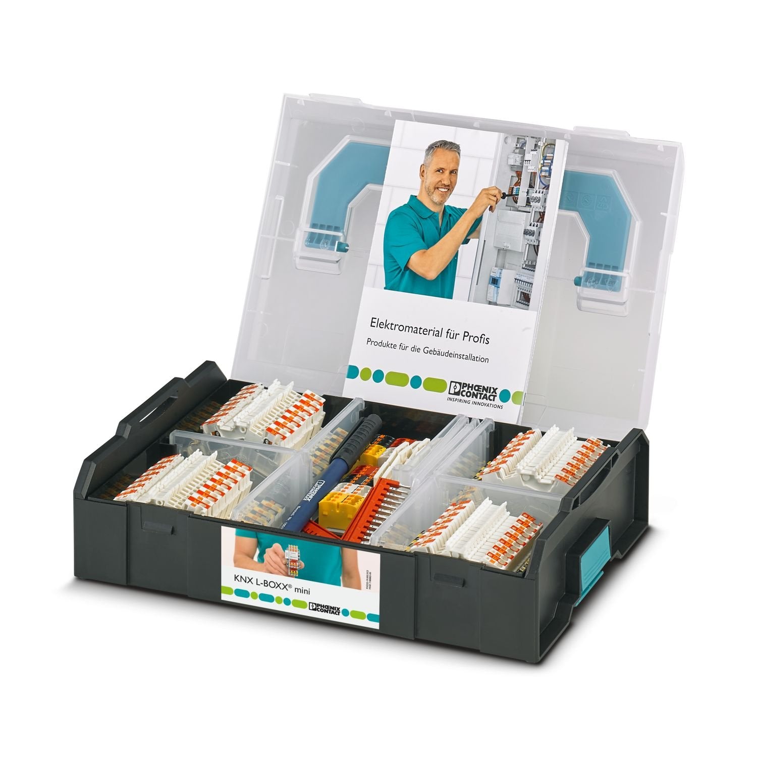 Starter kit, KNX starter set in a practical Sortimo L-BOXX Mini system case. 56 double-level terminal blocks for KNX bus in building installation, cross section: 0.14 mm 2 to 1.5 mm 2 , 4 end covers, 12 plug-in bridges, marking material, and accessories, color: black