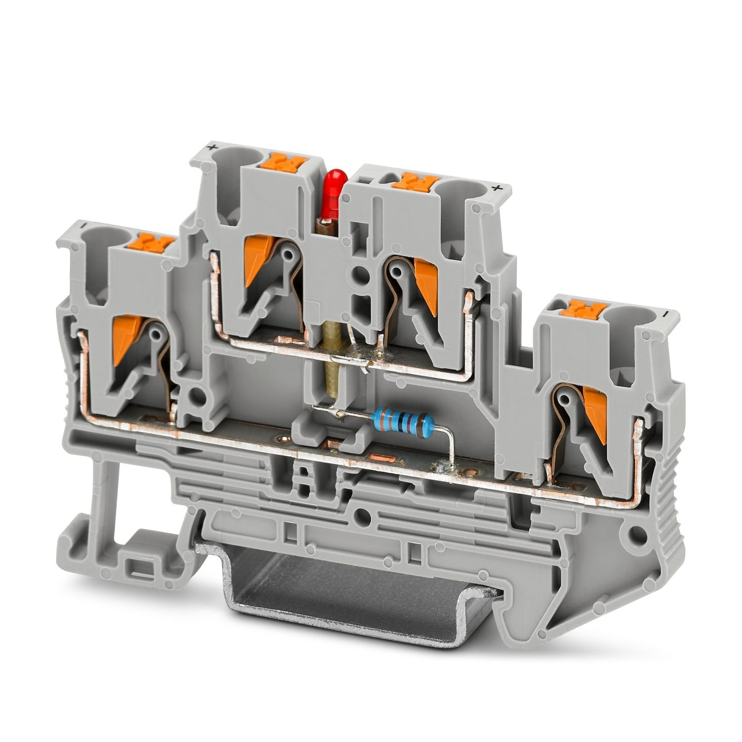 Double-level terminal block, The operating voltage is determined by the LED display version. Key data LED 30 V DC - 60 V DC, 0.8 mA - 1.8 mA, nom. voltage: 500 V, nominal current: 20 A, 1st and 2nd level, connection method: Push-in connection, Rated cross section: 2.5 mm 2 , cross section: 0.14 mm 2 - 4 mm 2 , mounting: NS 35/7,5, NS 35/15, color: gray