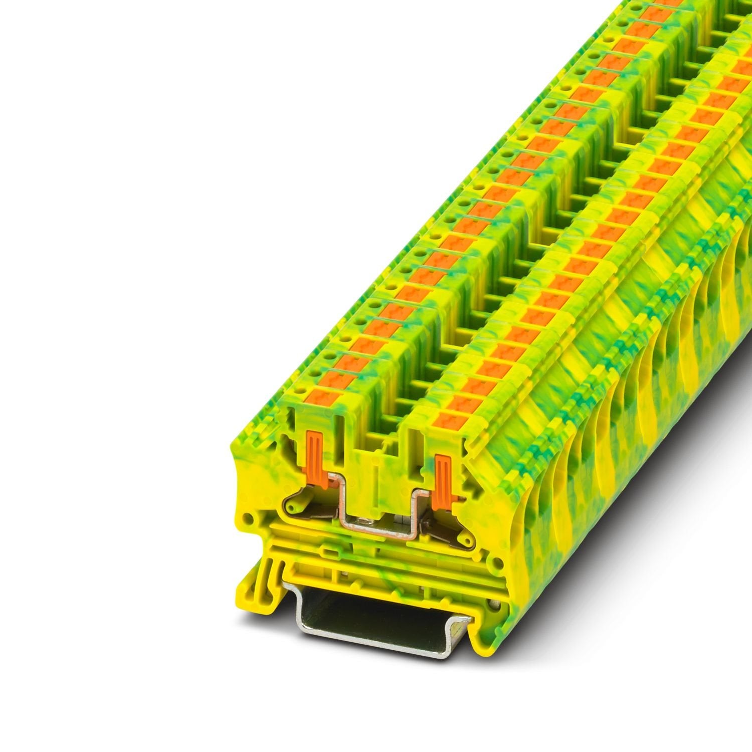 Protective conductor terminal block, number of connections: 2, connection method: Push-in connection, 1 level, Rated cross section: 4 mm 2 , cross section: 0.2 mm 2 - 6 mm 2 , mounting type: NS 35/7,5, NS 35/15, color: green-yellow