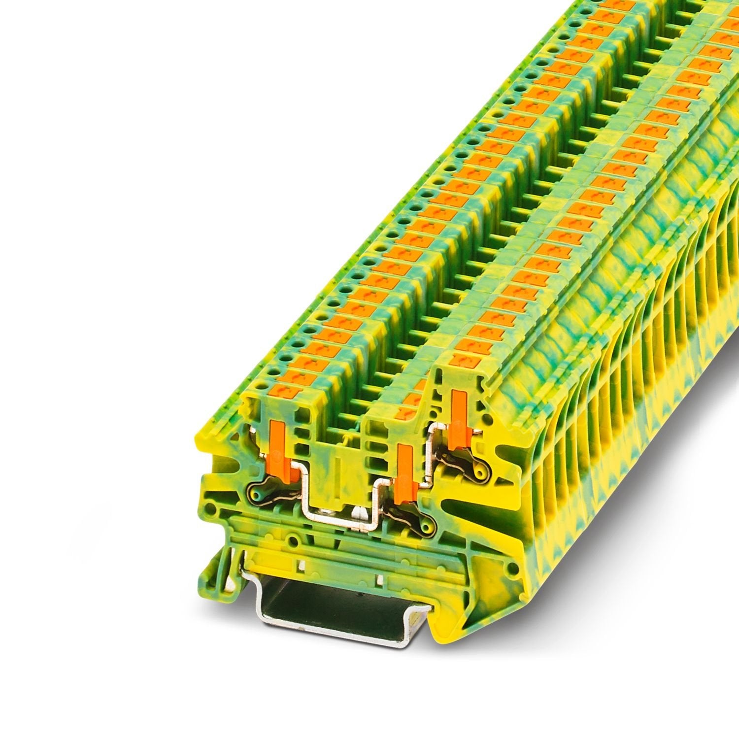 Protective conductor terminal block, number of connections: 3, connection method: Push-in connection, cross section: 0.14 mm 2 - 4 mm 2 , mounting type: NS 35/7,5, NS 35/15, color: green-yellow