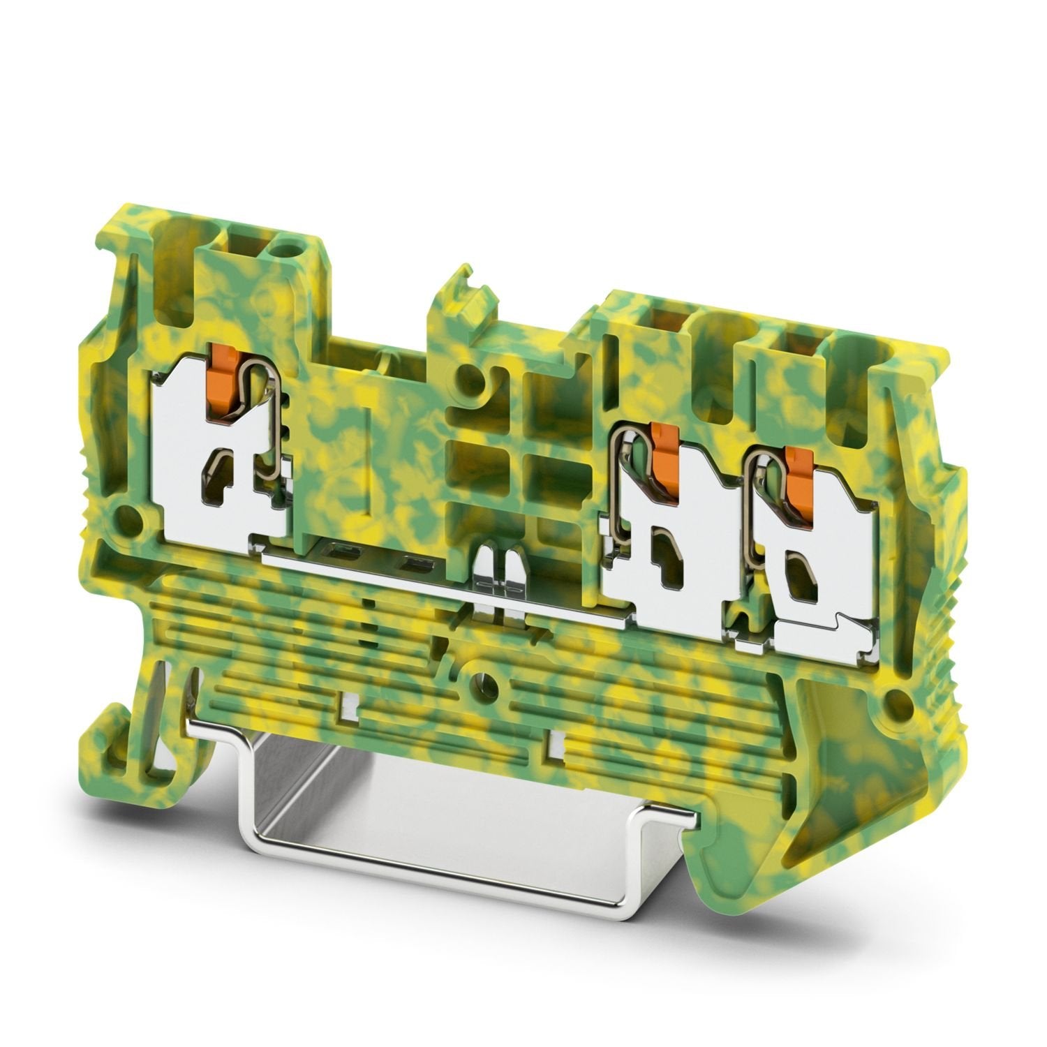 Protective conductor terminal block, number of connections: 3, number of positions: 1, connection method: Push-X-connection, Rated cross section: 1.5 mm 2 , cross section: 0.25 mm 2 - 1.5 mm 2 , mounting type: NS 35/7,5, NS 35/15, color: green-yellow