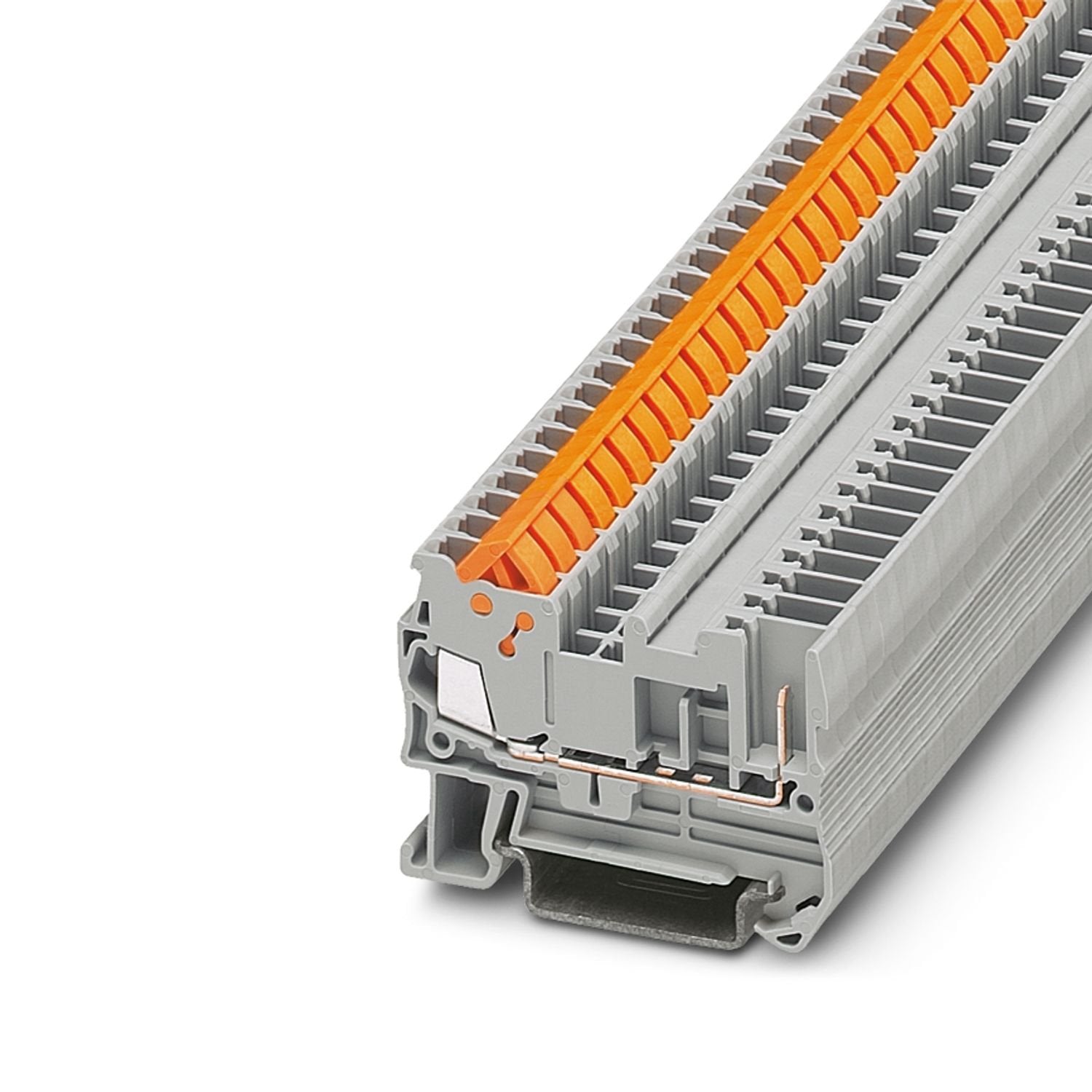 Feed-through terminal block, nom. voltage: 500 V, nominal current: 17.5 A, number of connections: 2, connection method: Fast/plug-in connection, Rated cross section: 1.5 mm 2 , 1st level connection left, cross section: 0.25 mm 2 - 1.5 mm 2 , 1st level connection right, mounting type: NS 35/7,5, NS 35/15, color: gray