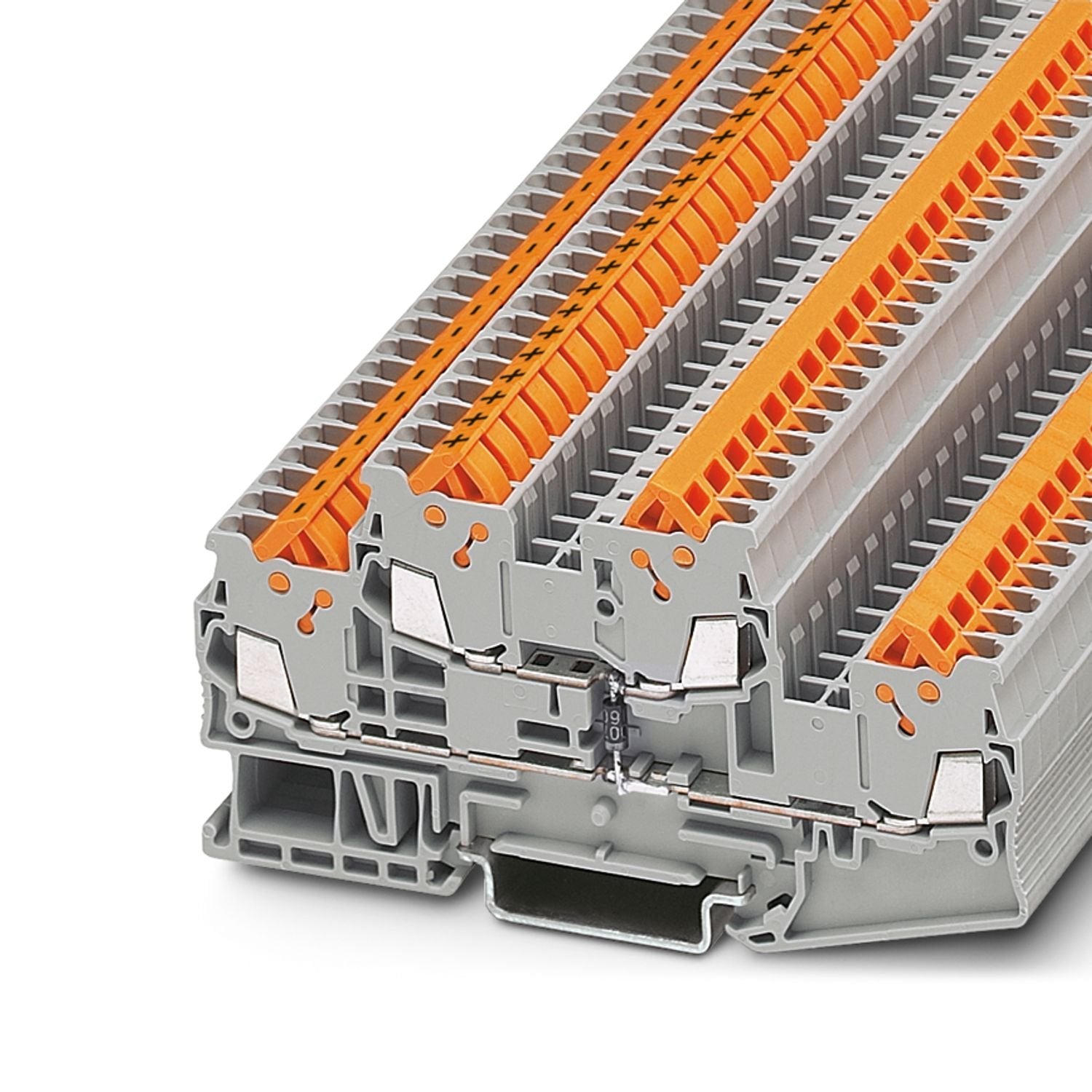 Component terminal block, The max. current is determined by the diode. Installed: Diode 1N 4007, reverse voltage: 1300 V, maximum continuous current: 0.5 A., with integrated diode, nominal current: 0.5 A, connection method: Quick connection, 1st and 2nd level, Rated cross section: 1.5 mm 2 , cross section: 0.25 mm 2 - 1.5 mm 2 , mounting type: NS 35/7,5, NS 35/15, color: gray