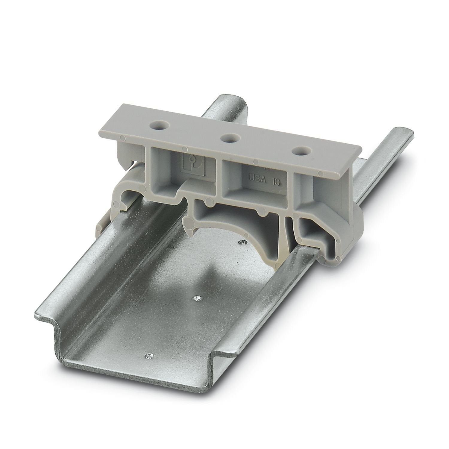 Rail adapter, for M3 screws, depth: 7.4 mm, width: 10 mm, height: 42.6 mm, diameter: 2.8 mm, color: gray, mounting type: Plug-on assembly