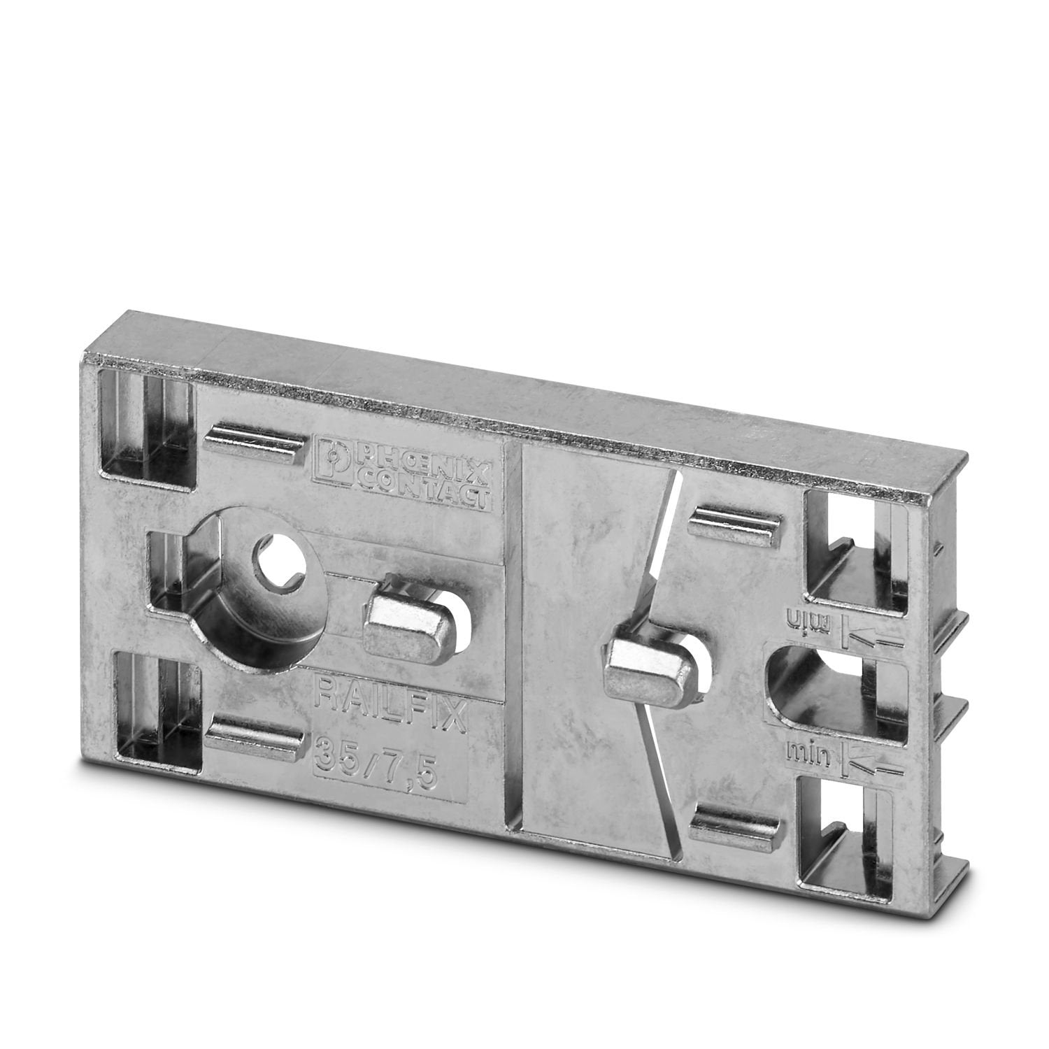 Mounting adapter, for attaching NS 35/7,5 DIN rails to mounting panels or housing walls of control cabinets, material: Die-cast zinc, mounting type: Screw mounting, color: gray
