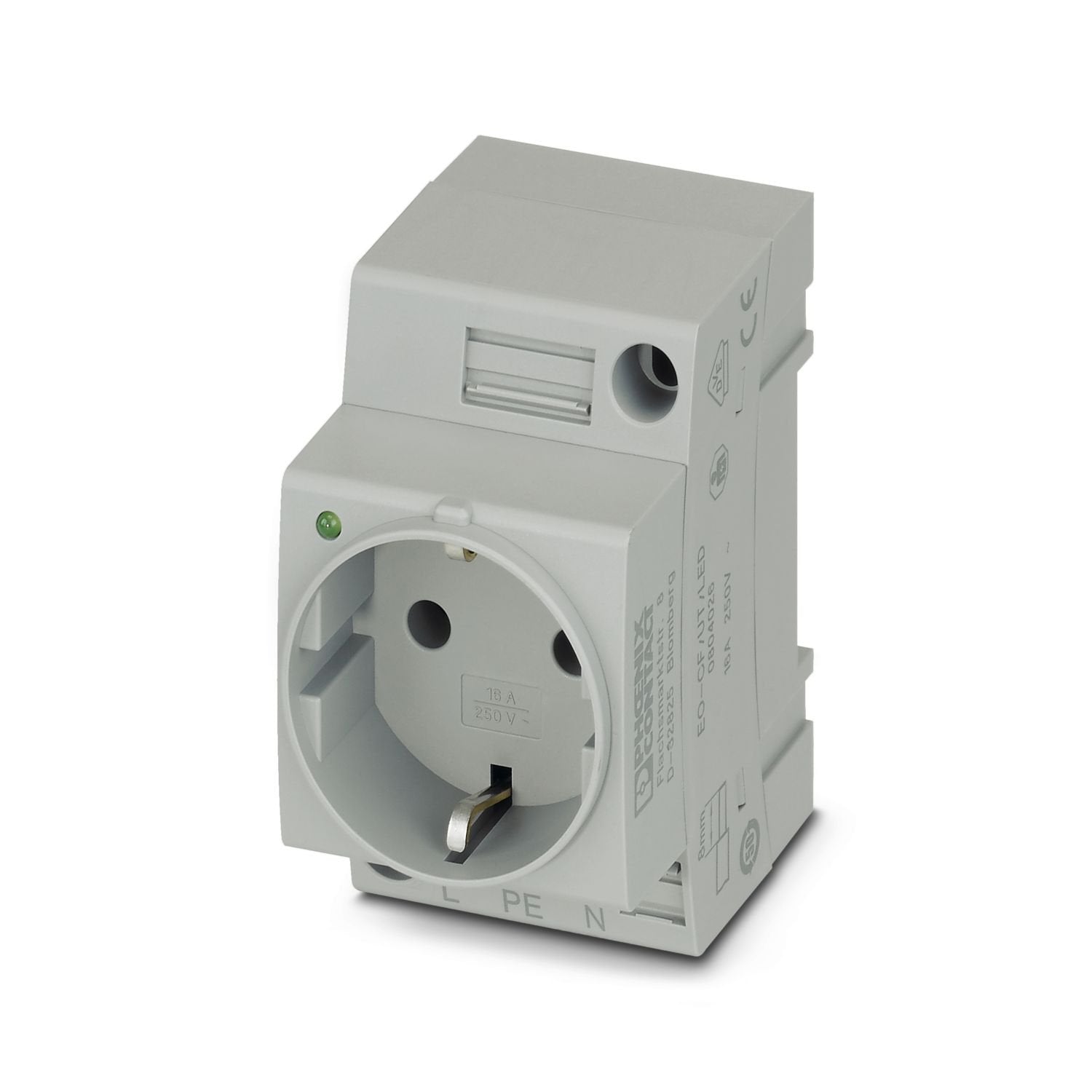 Socket, with light indicator, Pin connector pattern type CF, connection method: Screw connection, color: gray, nom. voltage: 250 V AC (50 Hz), nominal current: 16 A, for mounting on a DIN rail in the service interface or direct mounting, standards/specifications: VDE 0620-1, IEC 60884-1, Country marking: Germany