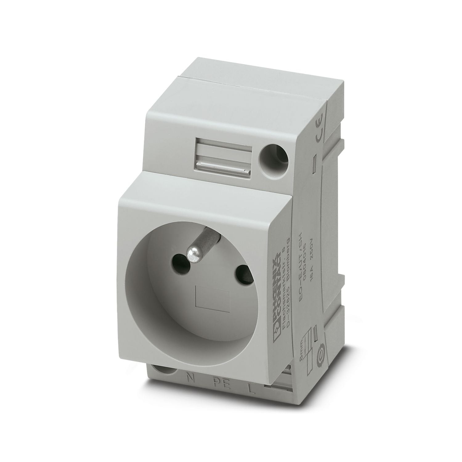 Socket, with extended touch protection/shutter, Pin connector pattern type E, connection method: Screw connection, color: gray, nom. voltage: 250 V AC (50 Hz), nominal current: 16 A, for mounting on a DIN rail in the service interface or direct mounting, standards/specifications: NF C61-314, IEC 60884-1, Country marking: France