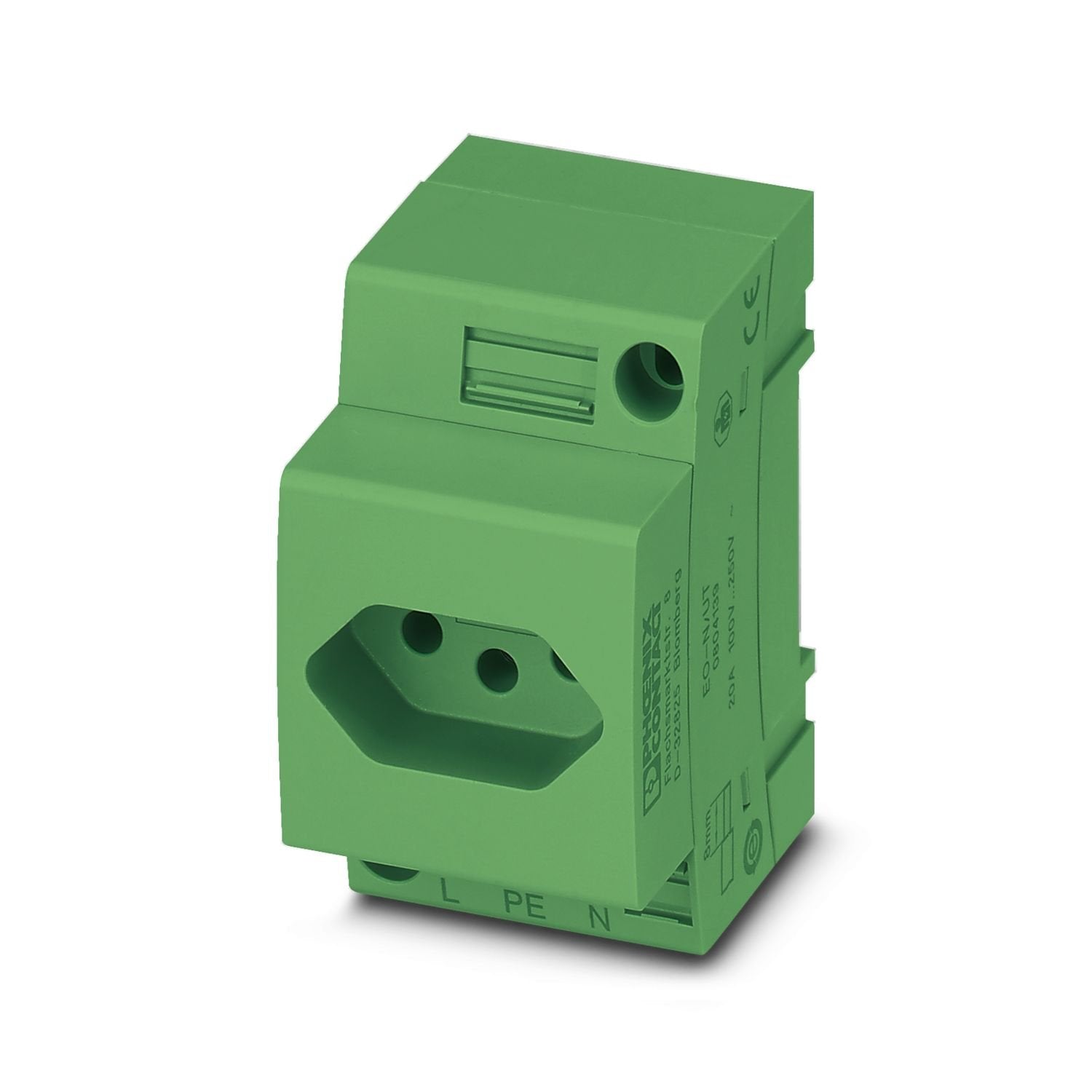 Socket, for Brazil/South Africa and other countries, Pin connector pattern type N, connection method: Screw connection, color: green, nom. voltage: 250 V AC (50 Hz ... 60 Hz), nominal current: 20 A, for mounting on a DIN rail in the service interface or direct mounting, Country marking: Brazil