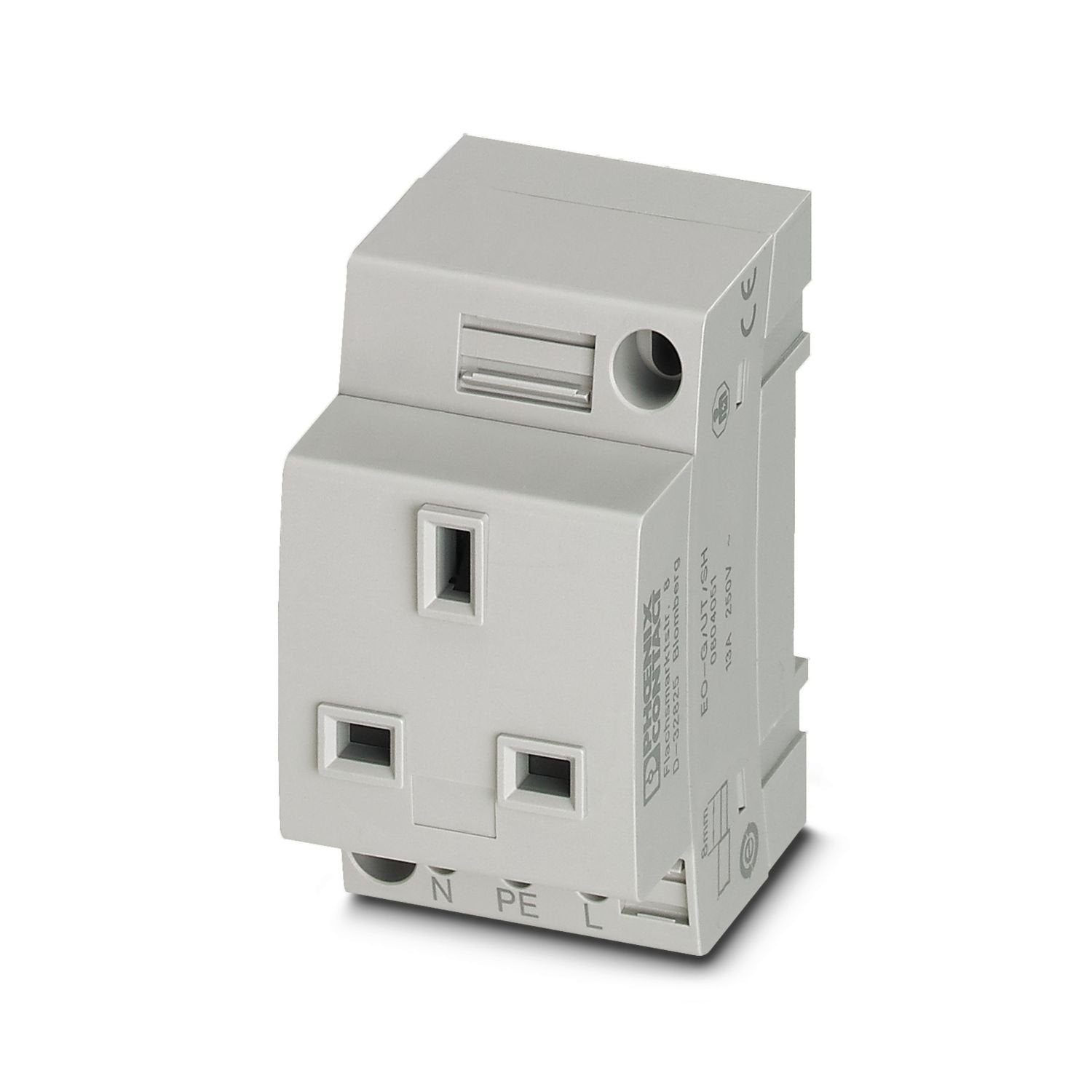 Socket, with extended touch protection/shutter, Pin connector pattern type G, connection method: Screw connection, color: gray, nom. voltage: 250 V AC (50 Hz), nominal current: 13 A, for mounting on a DIN rail in the service interface or direct mounting, standards/specifications: BS 1363-2, IEC 60884-1, Country marking: Great Britain