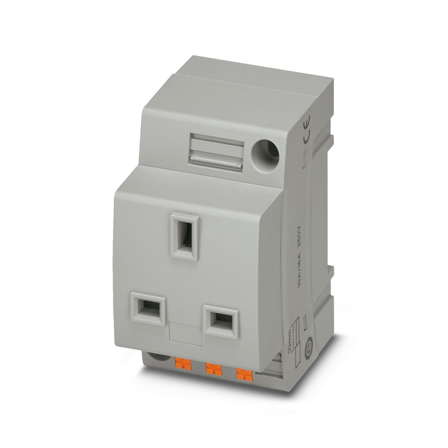 Socket, with extended touch protection/shutter, Pin connector pattern type G, connection method: Push-in spring connection, color: gray, nom. voltage: 250 V AC (50 Hz), nominal current: 13 A, for mounting on a DIN rail in the service interface or direct mounting, standards/specifications: BS 1363-2, Country marking: Great Britain