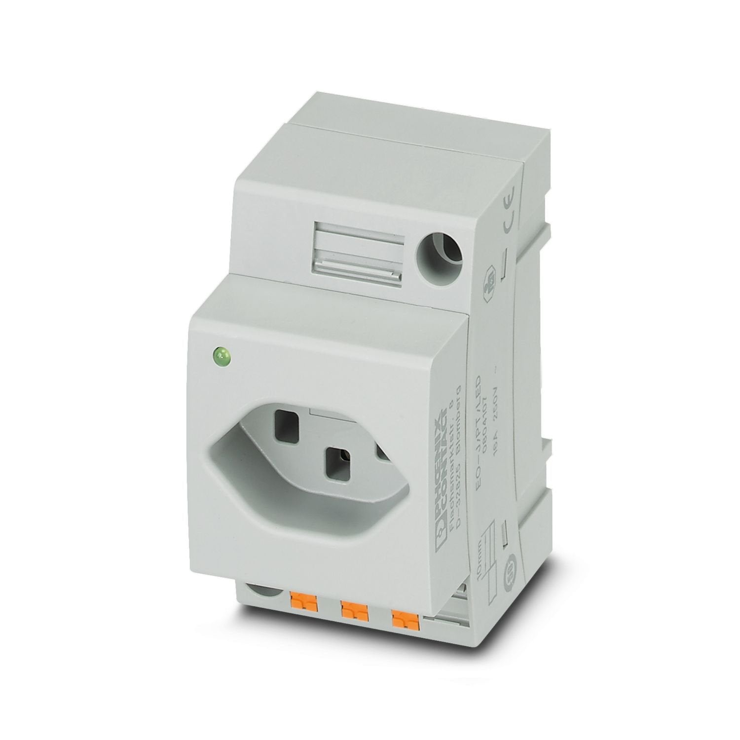 Socket, with light indicator, Pin connector pattern type J, connection method: Push-in spring connection, color: gray, nom. voltage: 250 V AC (50 Hz), nominal current: 16 A, for mounting on a DIN rail in the service interface or direct mounting, standards/specifications: SEV 1011, Country marking: Switzerland