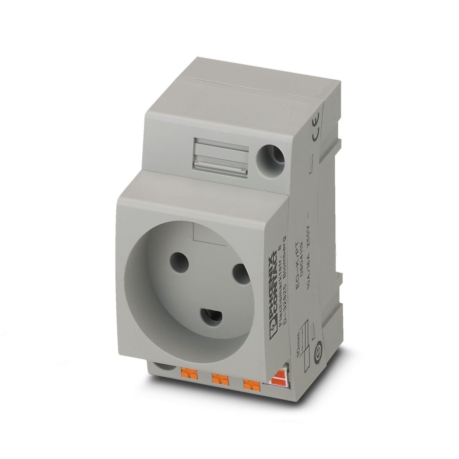 Socket, for Denmark and other countries, Pin connector pattern type K, connection method: Push-in spring connection, color: gray, nom. voltage: 250 V AC (50 Hz), nominal current: 16 A, for mounting on a DIN rail in the service interface or direct mounting, standards/specifications: SR 107-2-D1, Country marking: Denmark