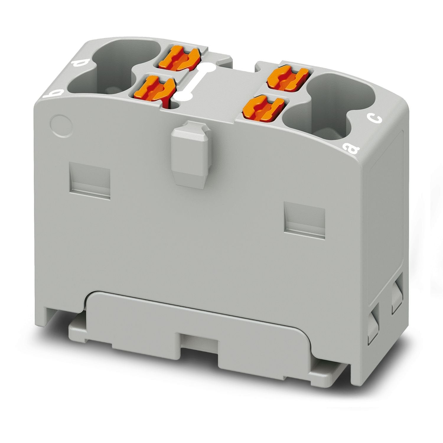Distribution block, Basic terminal block, nom. voltage: 450 V, nominal current: 17.5 A, number of connections: 4, connection method: Push-in connection, Rated cross section: 1.5 mm 2 , cross section: 0.14 mm 2 - 2.5 mm 2 , mounting type: for snapping onto a DIN rail adapter, Direct mounting with flange, Free-hanging, color: gray